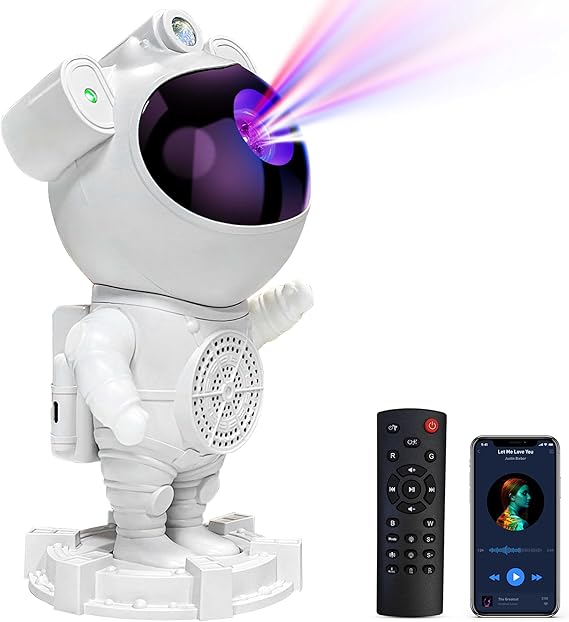 PROYECTOR ASTRONAUTA DE GALAXIA, NEBULOSAS, LA LUNA  Y LUZ NOCTURNA DE TECHO, PARLANTE CON BLUETOOTH y CONTROL